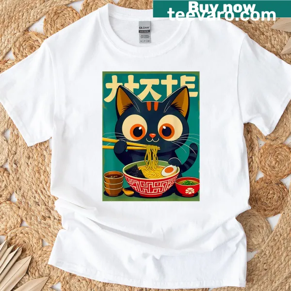 Cartoon cat eating ramen noodles for anime lovers