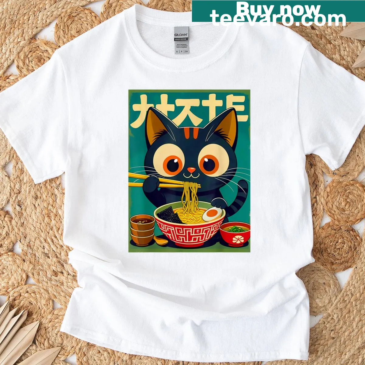 Cartoon cat eating ramen noodles for anime lovers — on a men's t-shirt