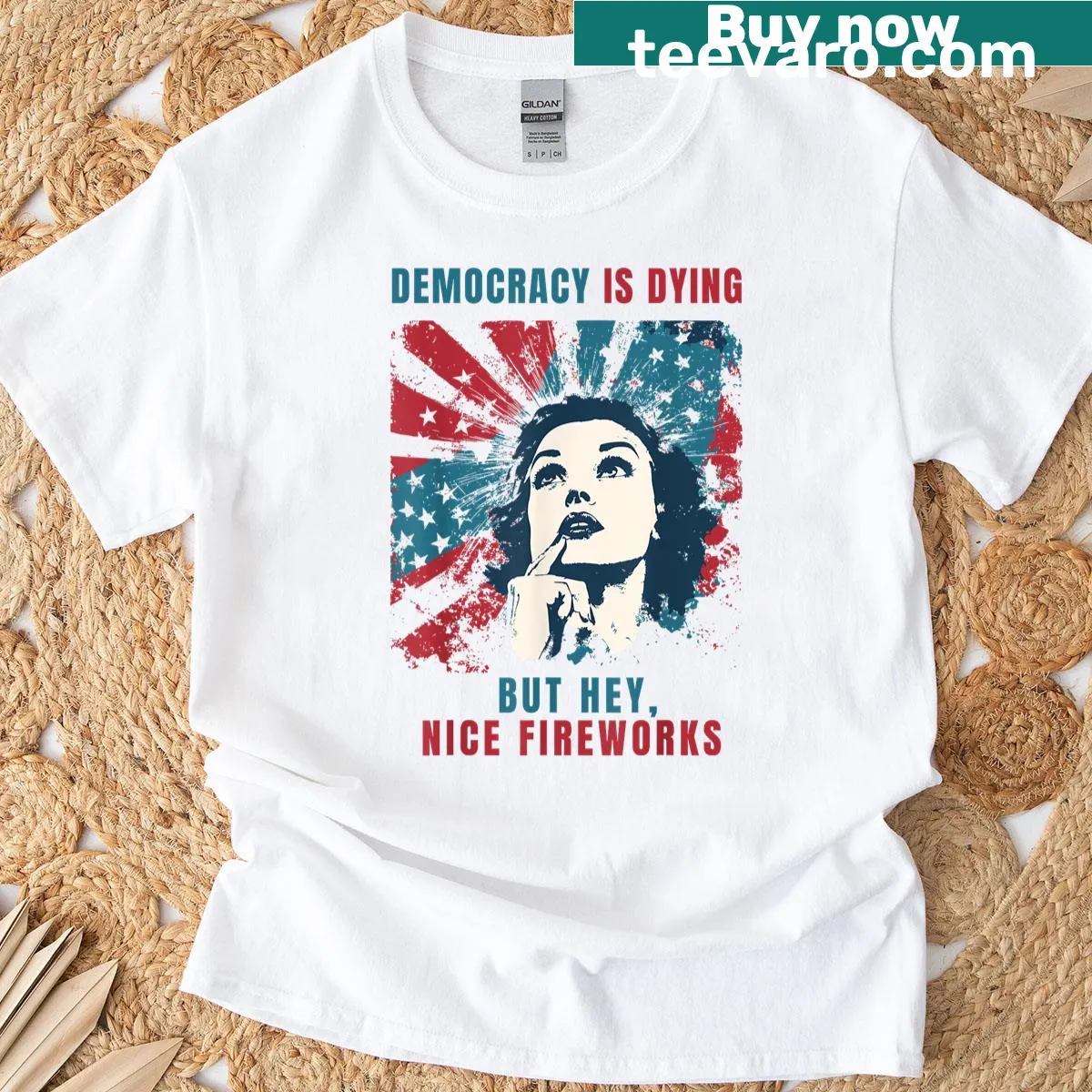 Graphic combining democracy critique with fireworks for humor — on a men's t-shirt