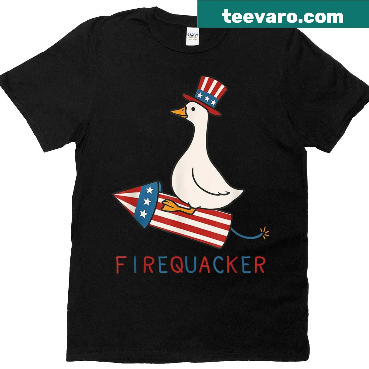Funny Fourth of July T-shirt with a goose and 'Firequacker' text — on a men's t-shirt
