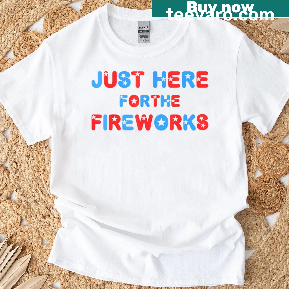 Couple T-shirt with a humorous fireworks-themed slogan for July 4th — on a men's t-shirt