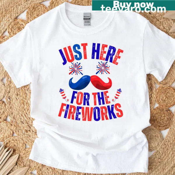 Couple t-shirt stating 'Just Here For The Fireworks' with festive design