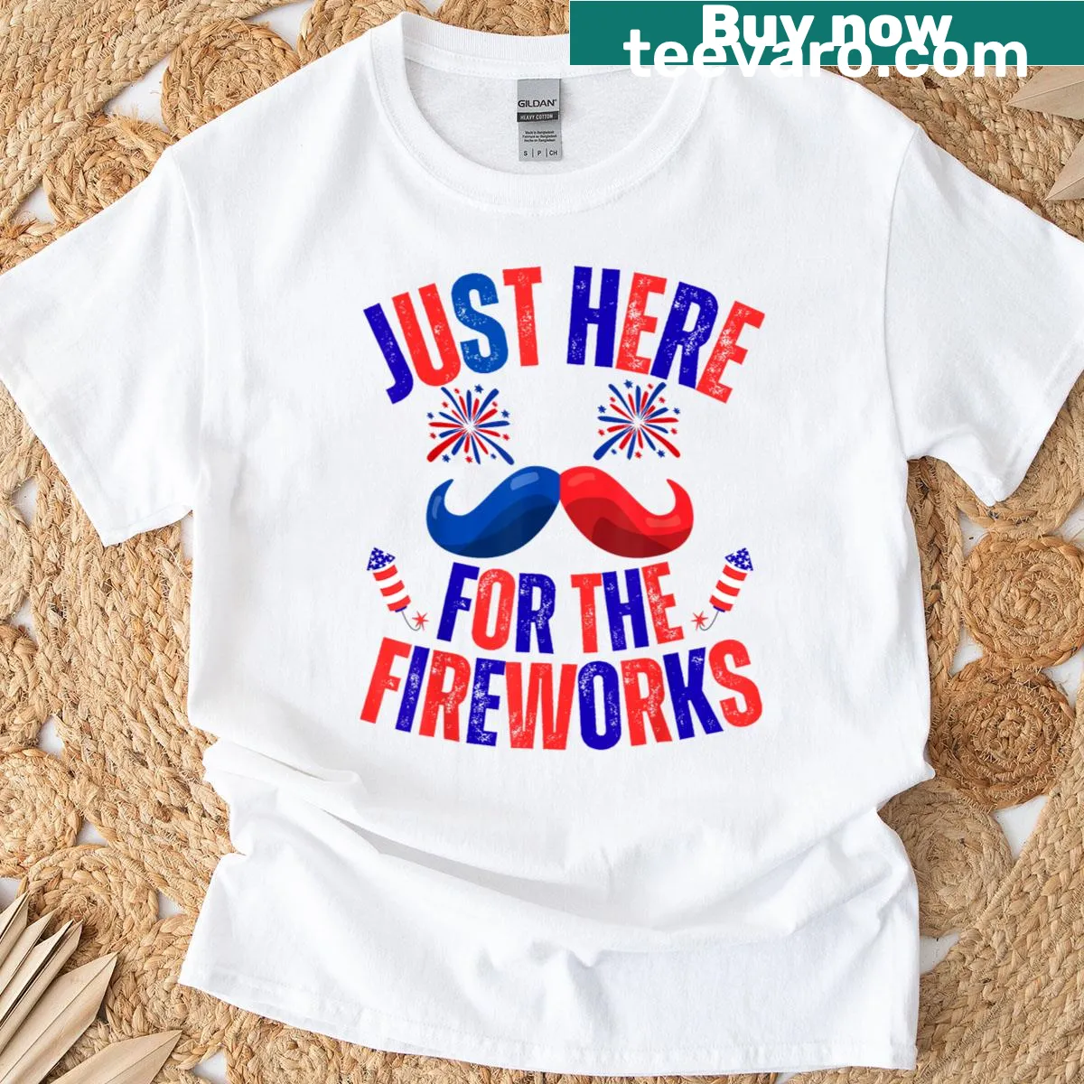 Couple t-shirt stating 'Just Here For The Fireworks' with festive design — on a men's t-shirt