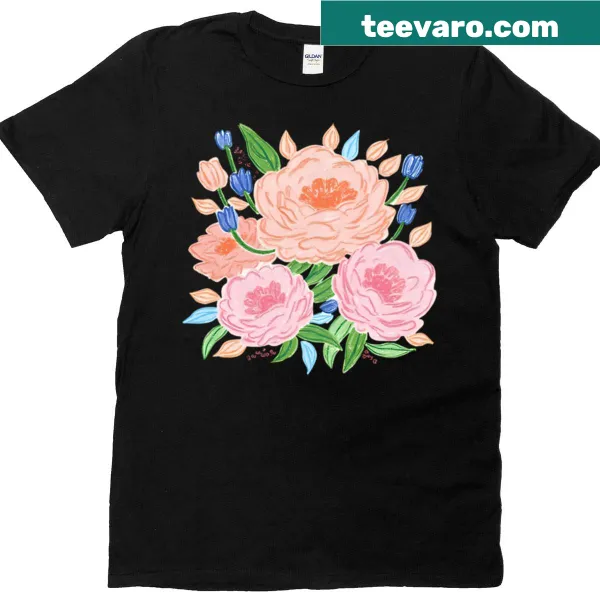Illustrated garden flowers graphic on a T-shirt
