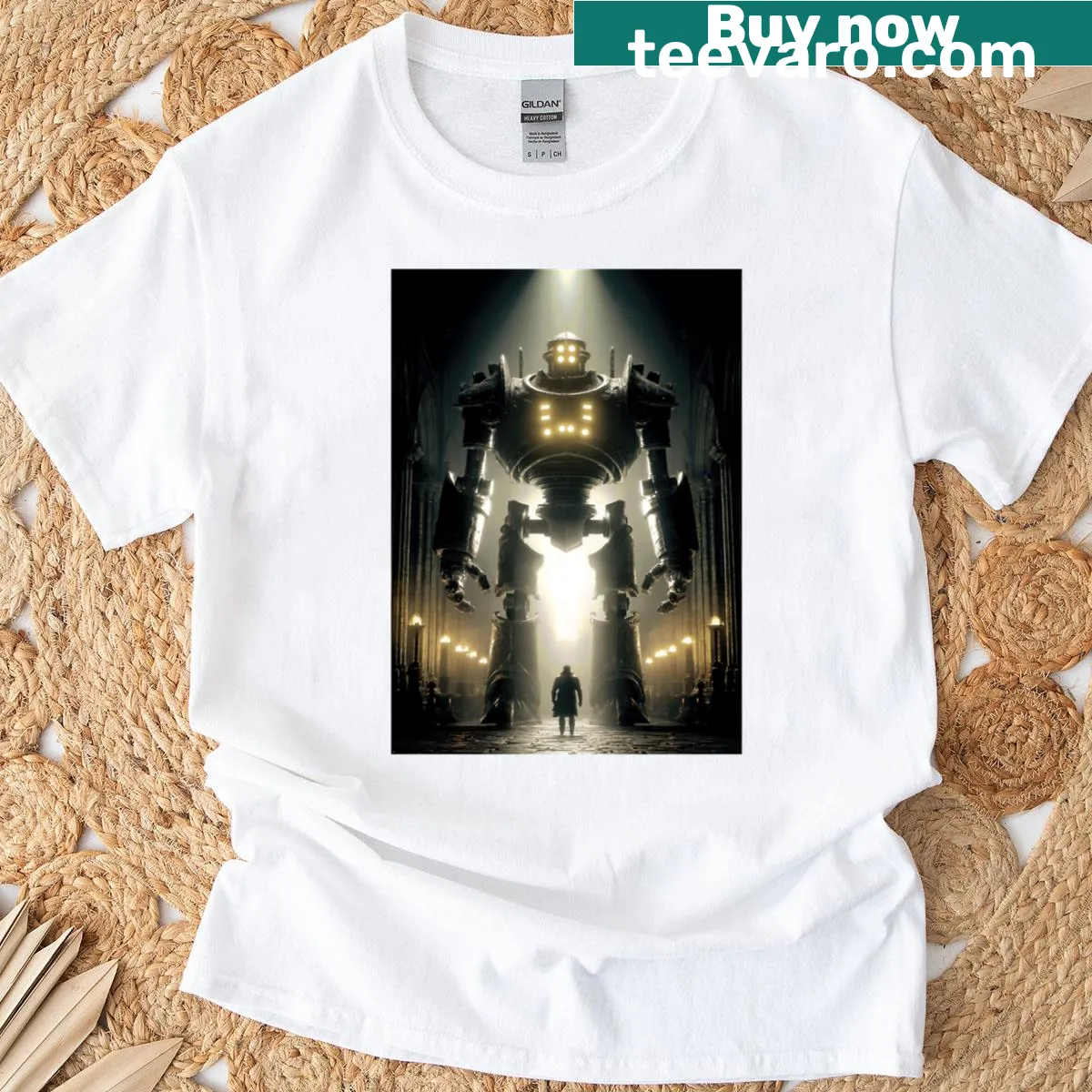 Illustration of a giant mechanical figure towering over a small figure — on a men's t-shirt
