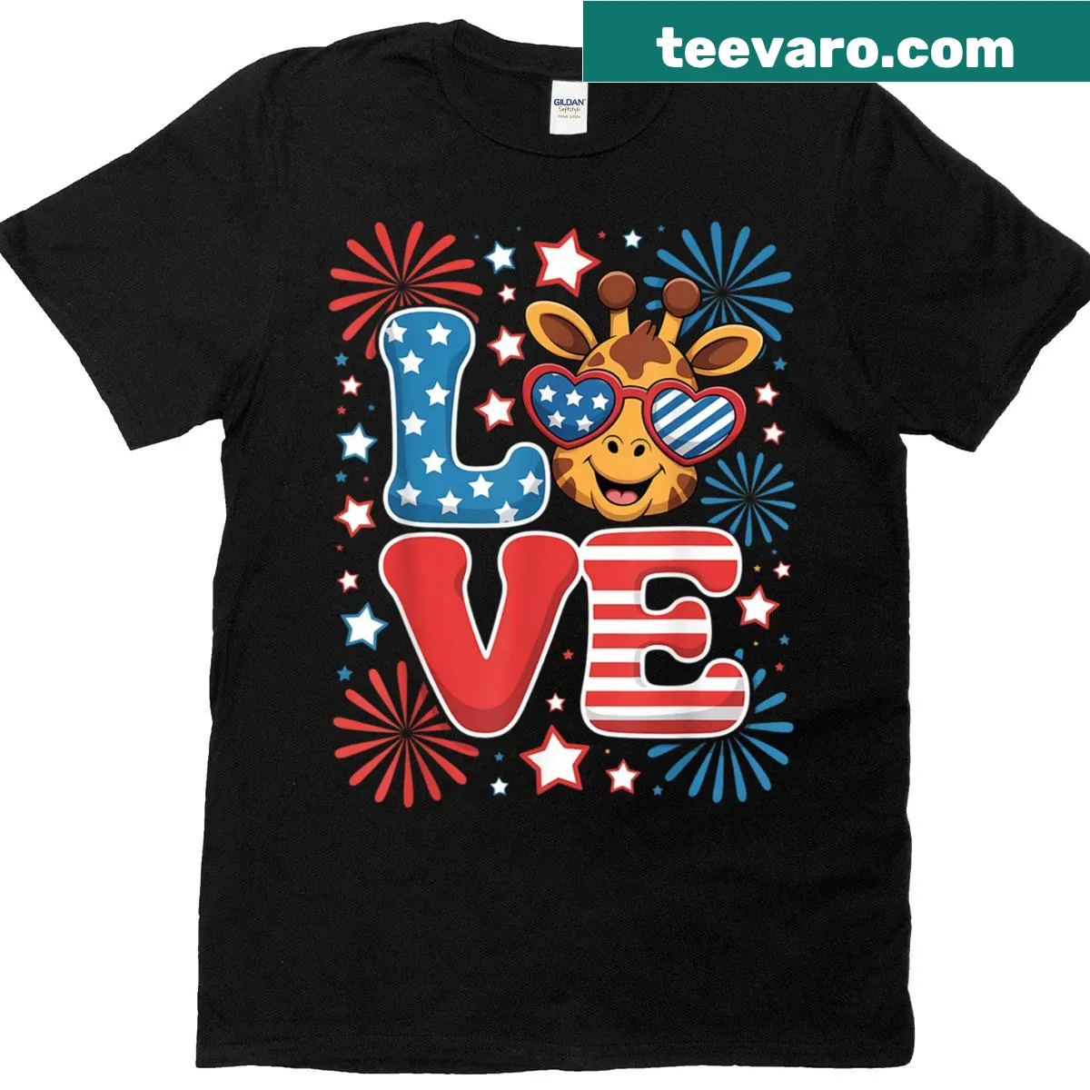 Giraffe illustration with USA flag elements for Fourth of July — on a men's t-shirt