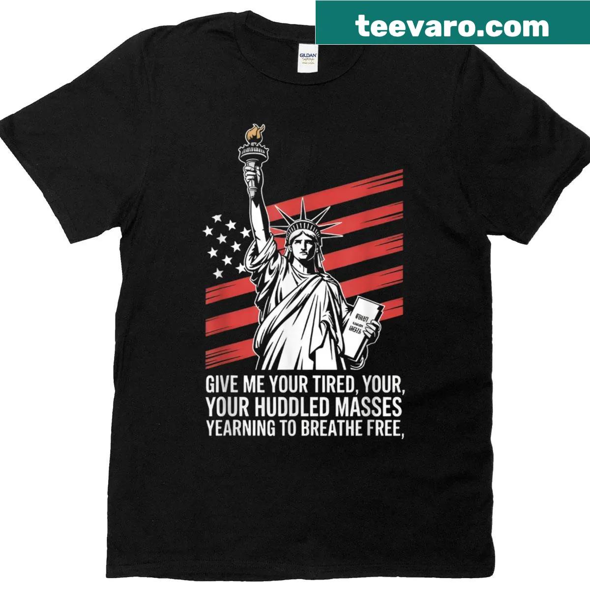 Inspirational t-shirt featuring Statue of Liberty poem text — on a men's t-shirt