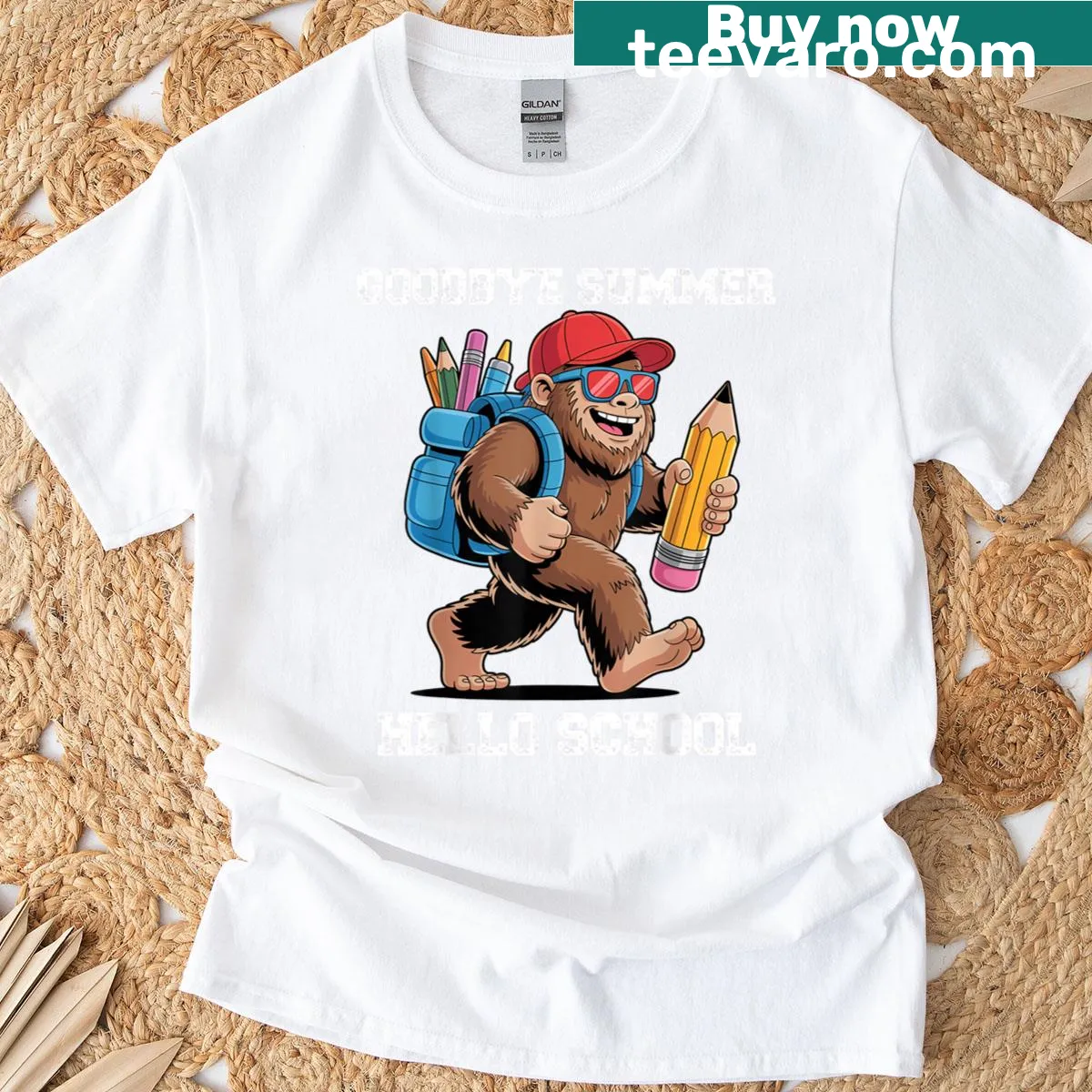 T-shirt with Bigfoot carrying a backpack for back-to-school — on a men's t-shirt