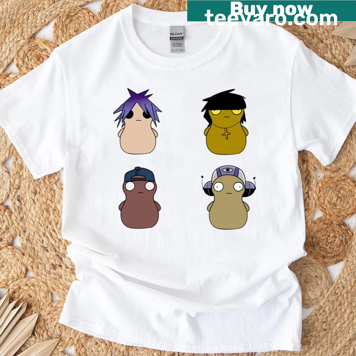 Playful Gorillaz design featuring Kuchi Kopi characters — on a men's t-shirt