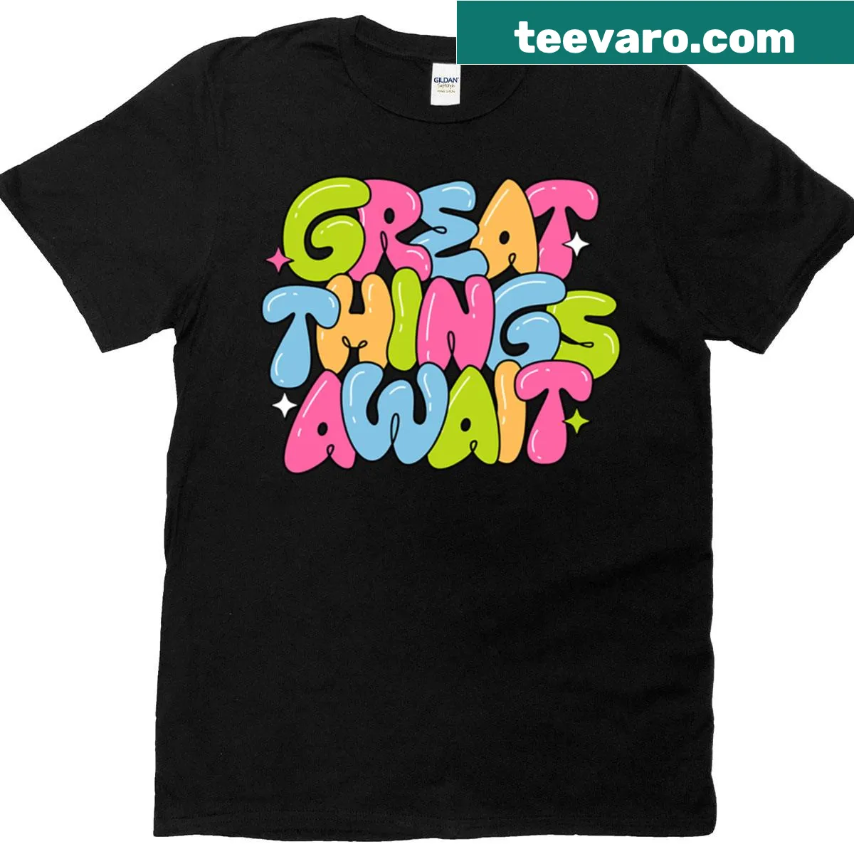 Inspirational typography T-shirt with the phrase 'Great Things Await' — on a men's t-shirt