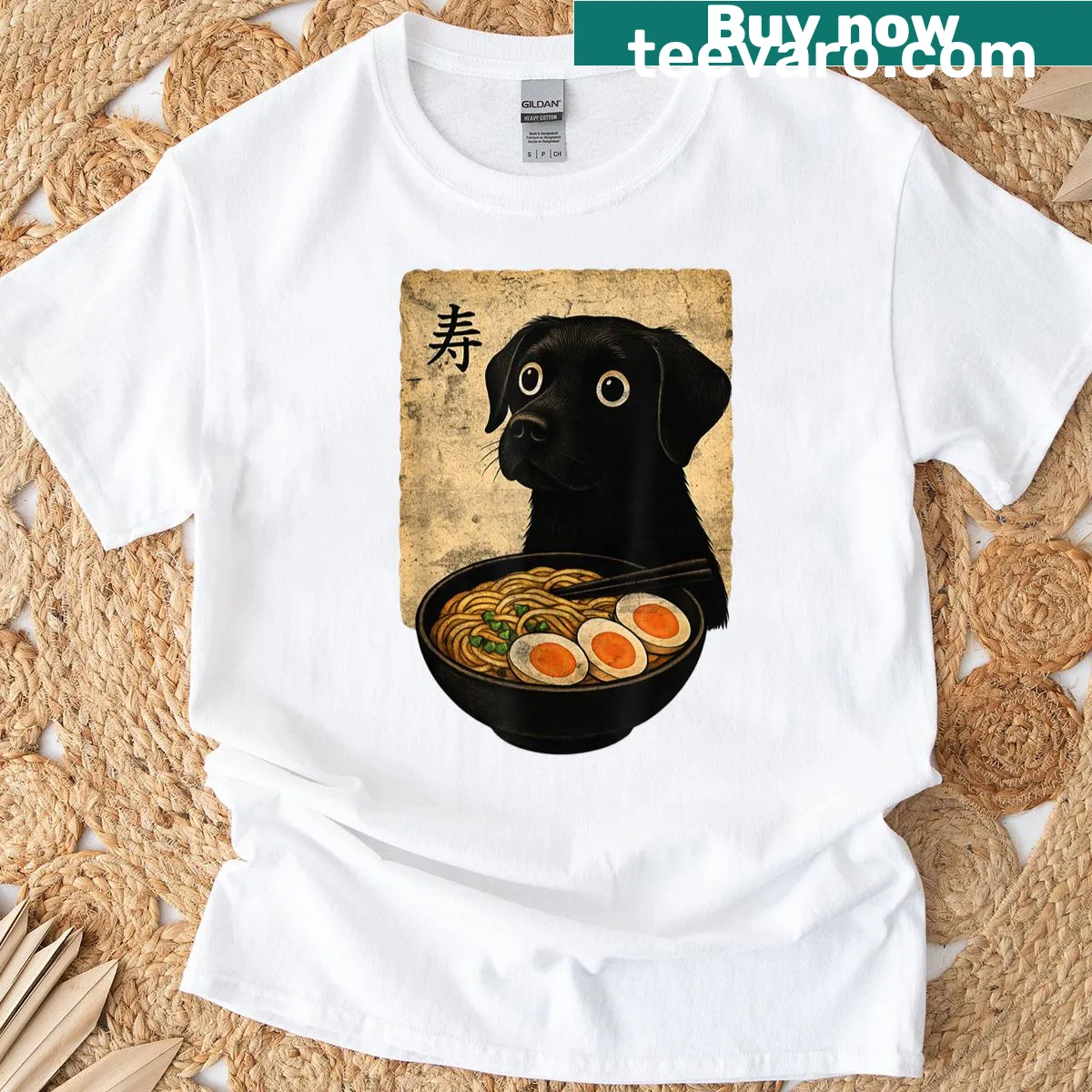 Vintage-style T-shirt featuring a puppy eating ramen in anime style — on a men's t-shirt