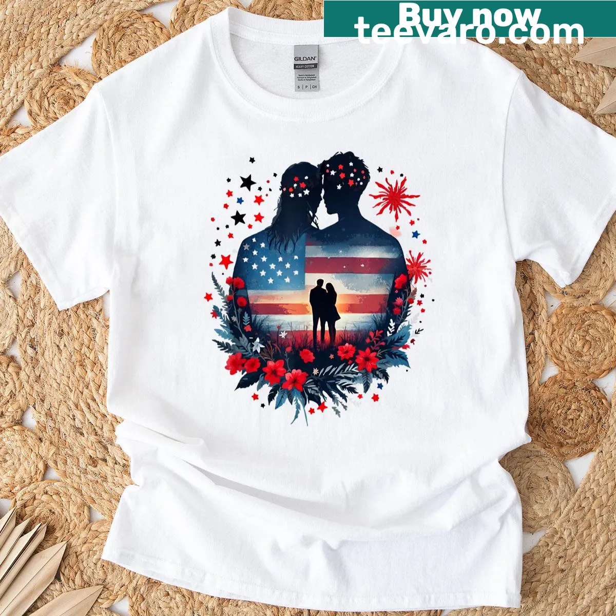 Couples T-shirts with a groovy freedom design for July 4th — on a men's t-shirt