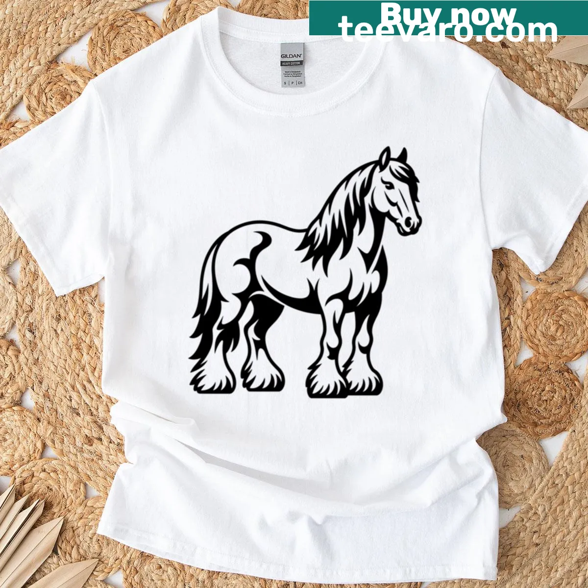Illustration of a Gypsy Vanner horse on a boxy t-shirt — on a men's t-shirt