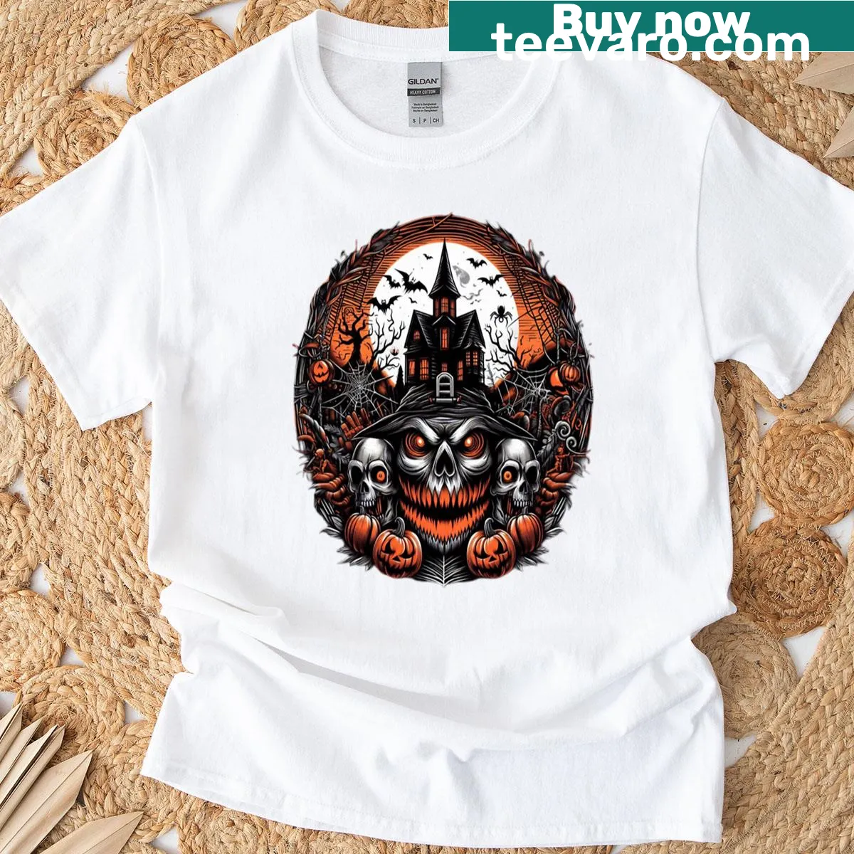 Illustration of a whimsical haunted house for Halloween — on a men's t-shirt