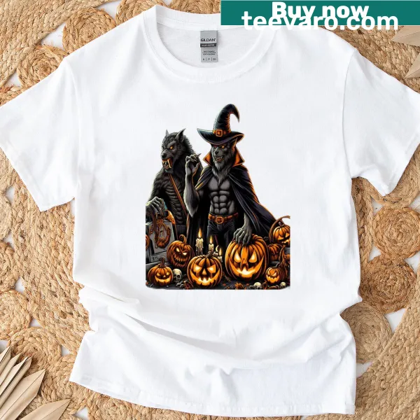 Whimsical Halloween T-shirt featuring a wizard werewolf graphic