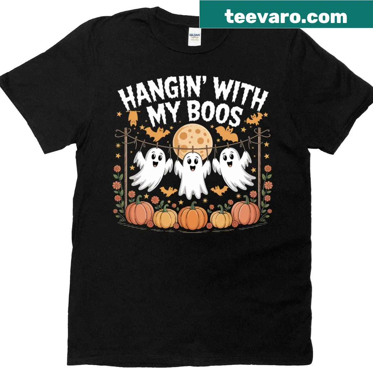 Funny Halloween T-shirt with cartoon ghosts and 'Hangin With My Boos' — on a men's t-shirt