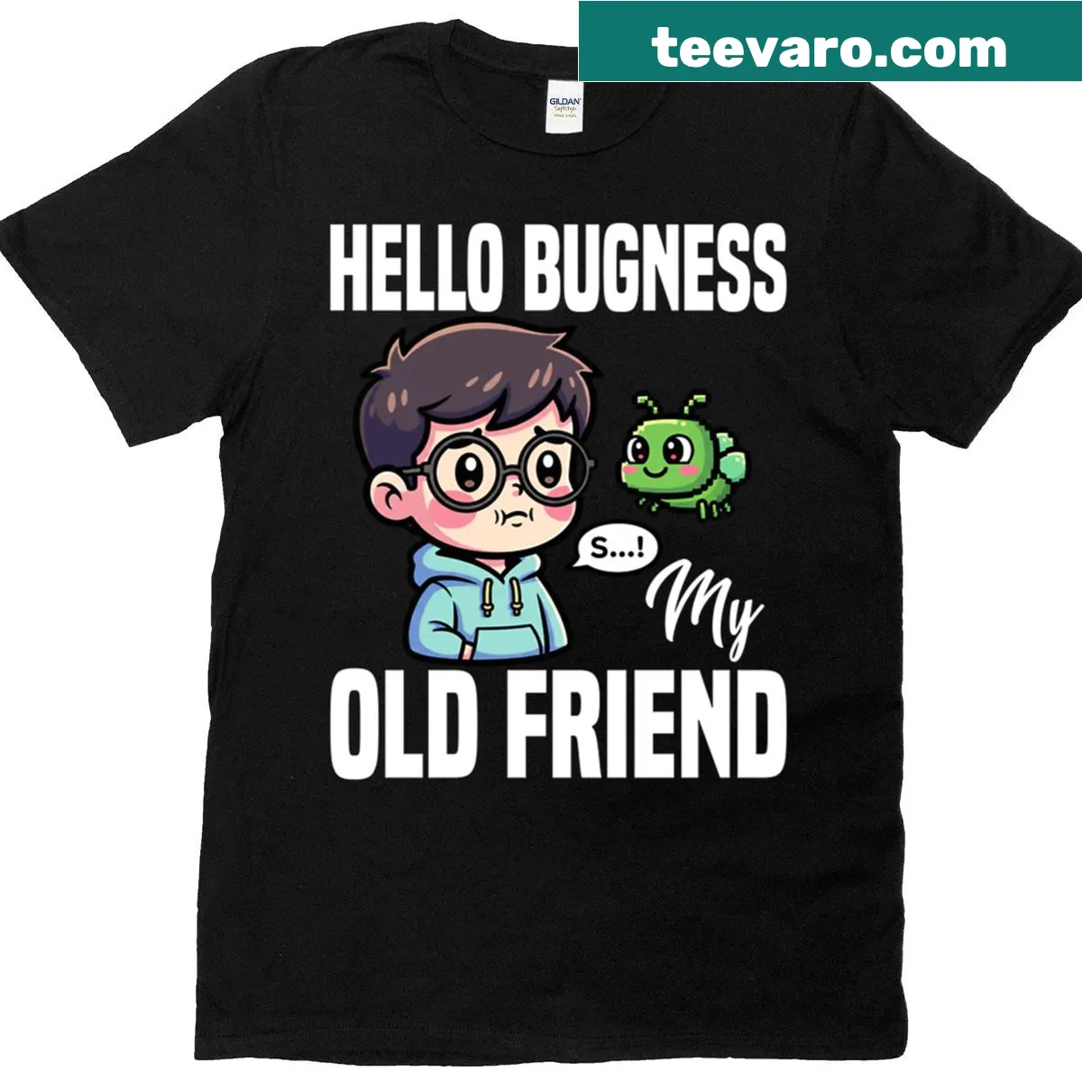 Funny programmer shirt with 'Hello Bugness My Old Friend' text — on a men's t-shirt