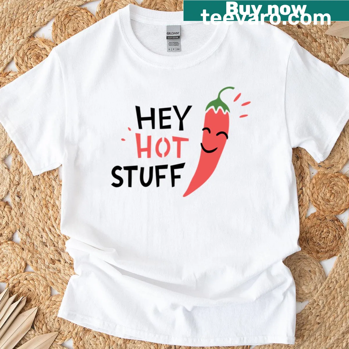 Hey Hot Stuff t-shirt with bold playful text — on a men's t-shirt