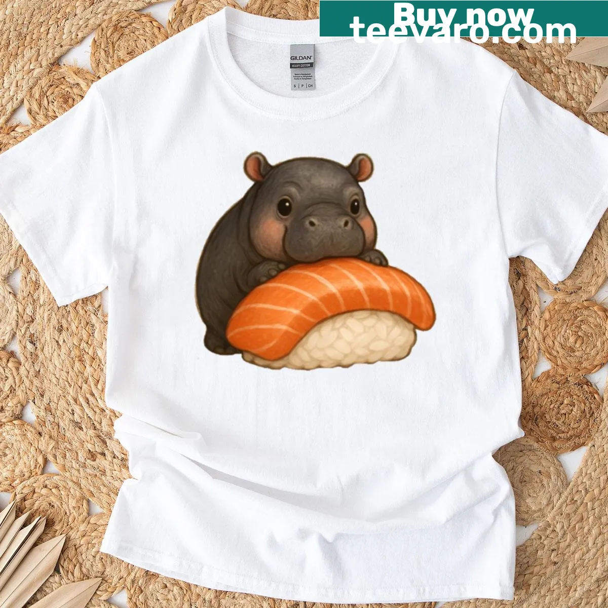 Cartoon hippo hugging sushi design on a fun t-shirt — on a men's t-shirt