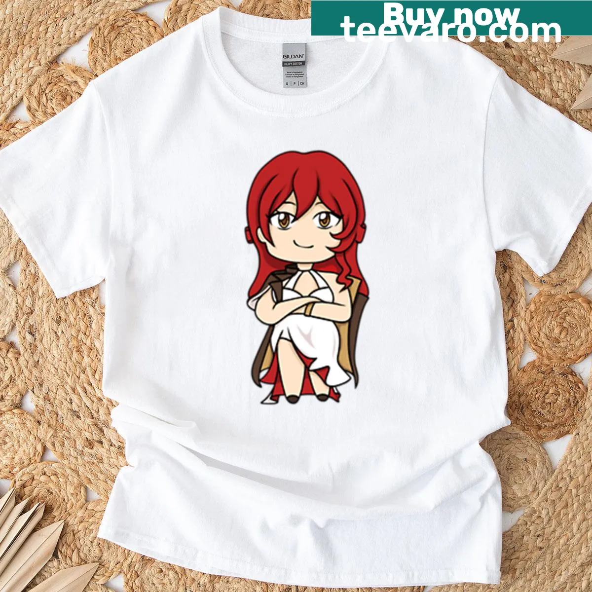 Chibi-style Himeko graphic from Honkai Star Rails on a t-shirt. — on a men's t-shirt