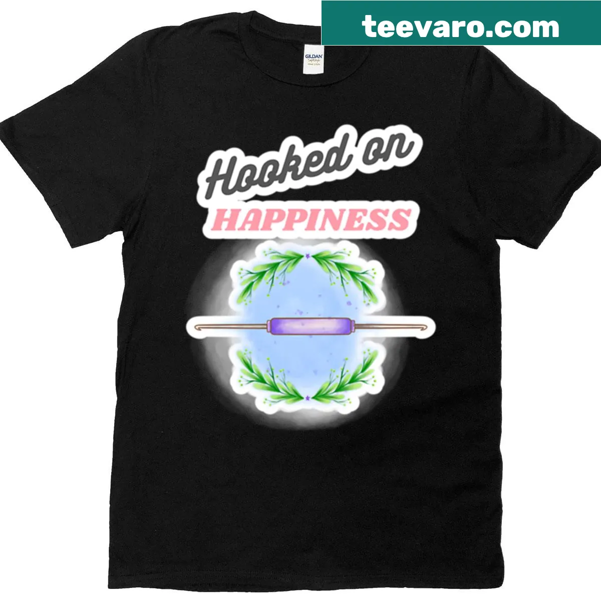 T-shirt with the phrase 'Hooked On Happiness' in playful typography — on a men's t-shirt