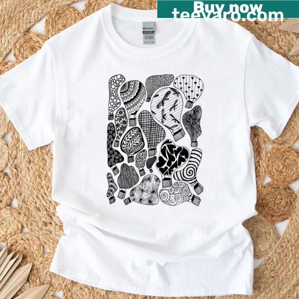 Whimsical hot air balloon design on a nature-themed t-shirt