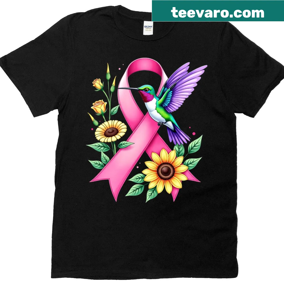 Breast cancer awareness T-shirt with hummingbird, sunflower, and pink ribbon — on a men's t-shirt
