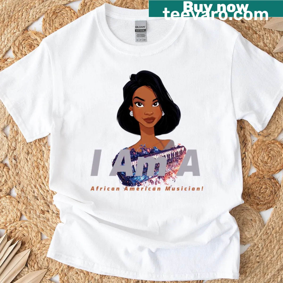 T-shirt celebrating African American musicians with a powerful message — on a men's t-shirt