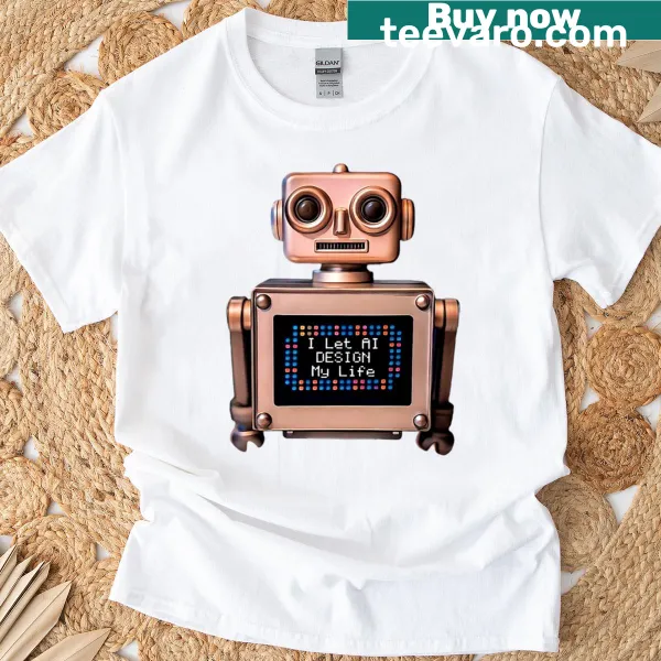 Retro robot design t-shirt with the quote 'I Let AI Design My Life'