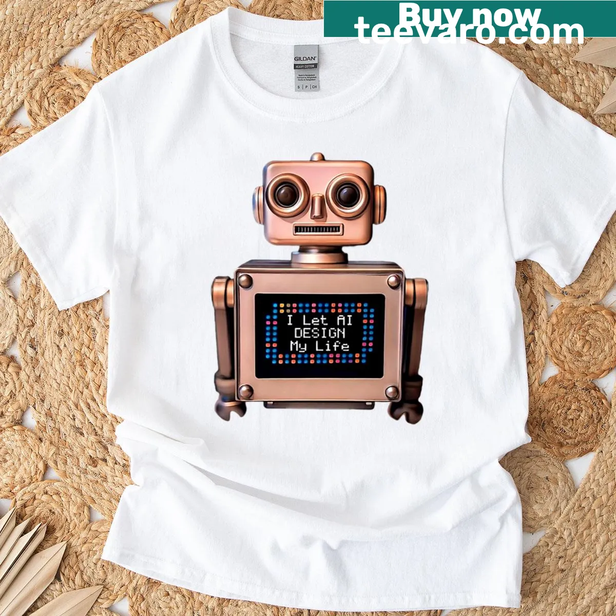 Retro robot design t-shirt with the quote 'I Let AI Design My Life' — on a men's t-shirt