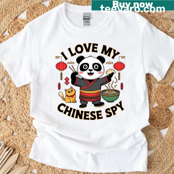 Playful t-shirt featuring a panda and humorous spy quote