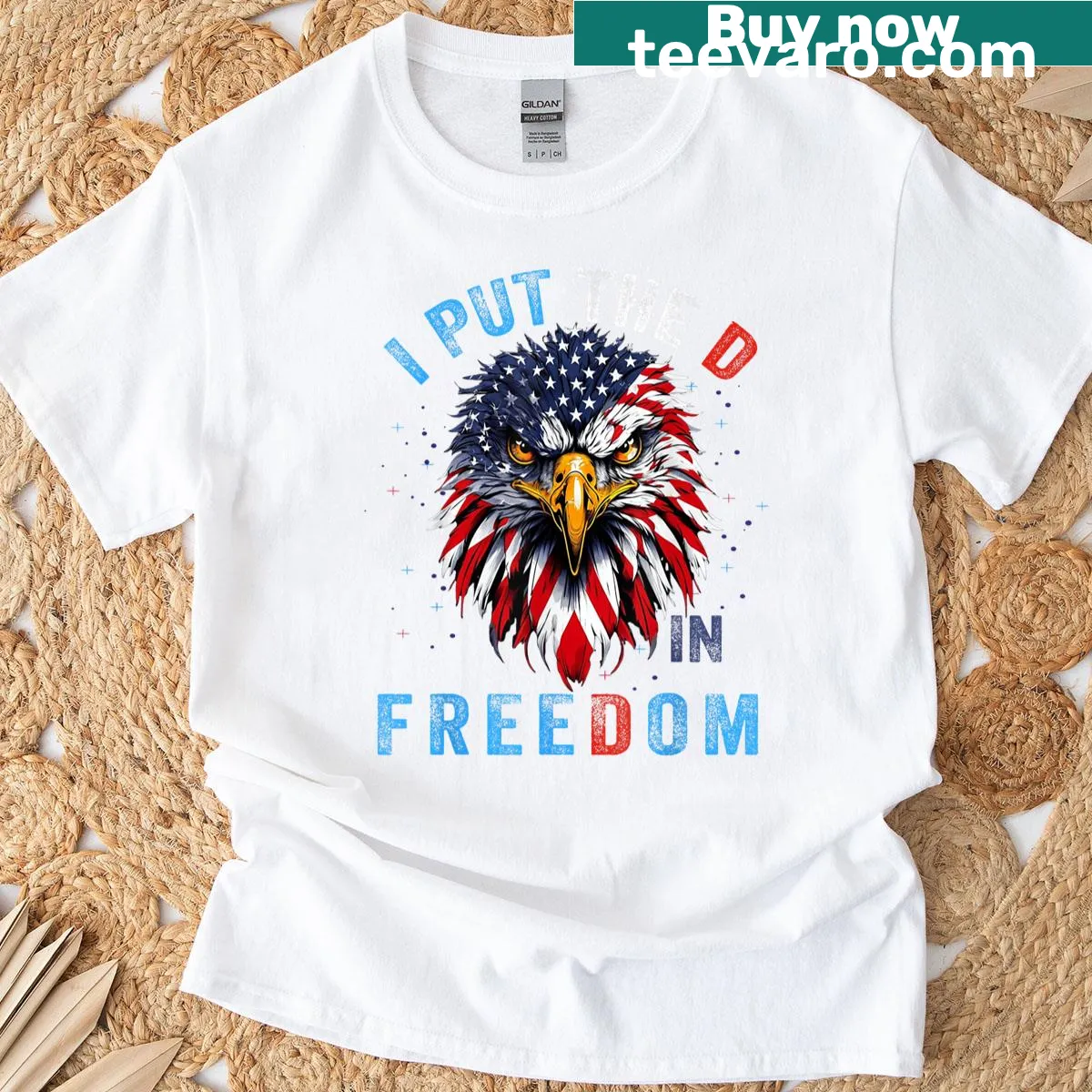Cheeky patriotic t-shirt with 'I Put The D In Freedom' text — on a men's t-shirt