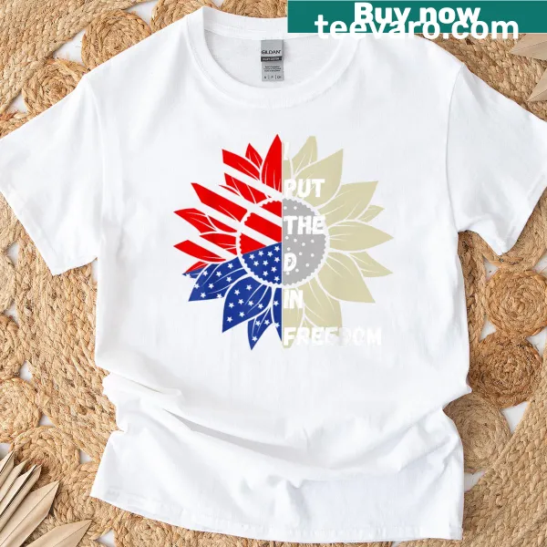 Patriotic t-shirt with humorous text and sunflower graphic.