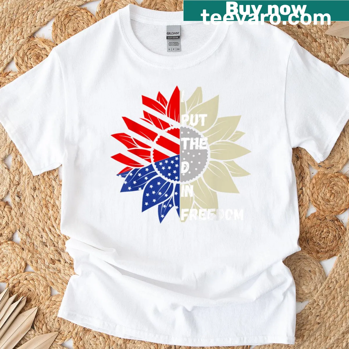 Patriotic t-shirt with humorous text and sunflower graphic. — on a men's t-shirt