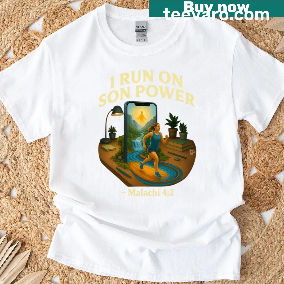T-shirt featuring the phrase 'I Run On Son Power' in bold typography — on a men's t-shirt