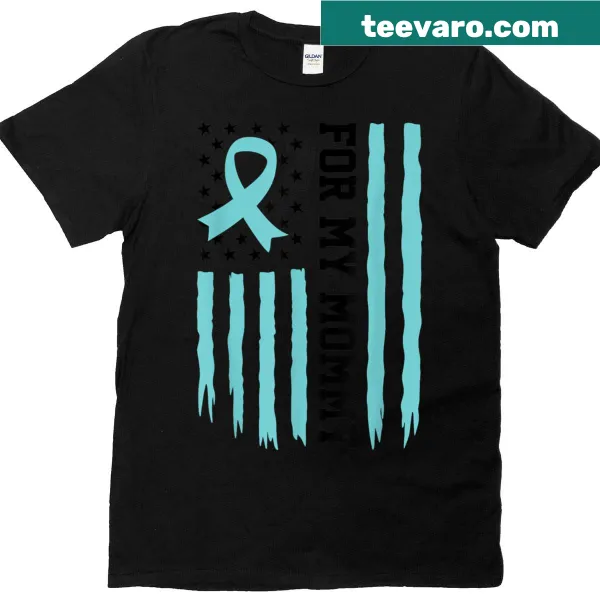 Supportive T-shirt with teal ribbon and USA flag for ovarian cancer