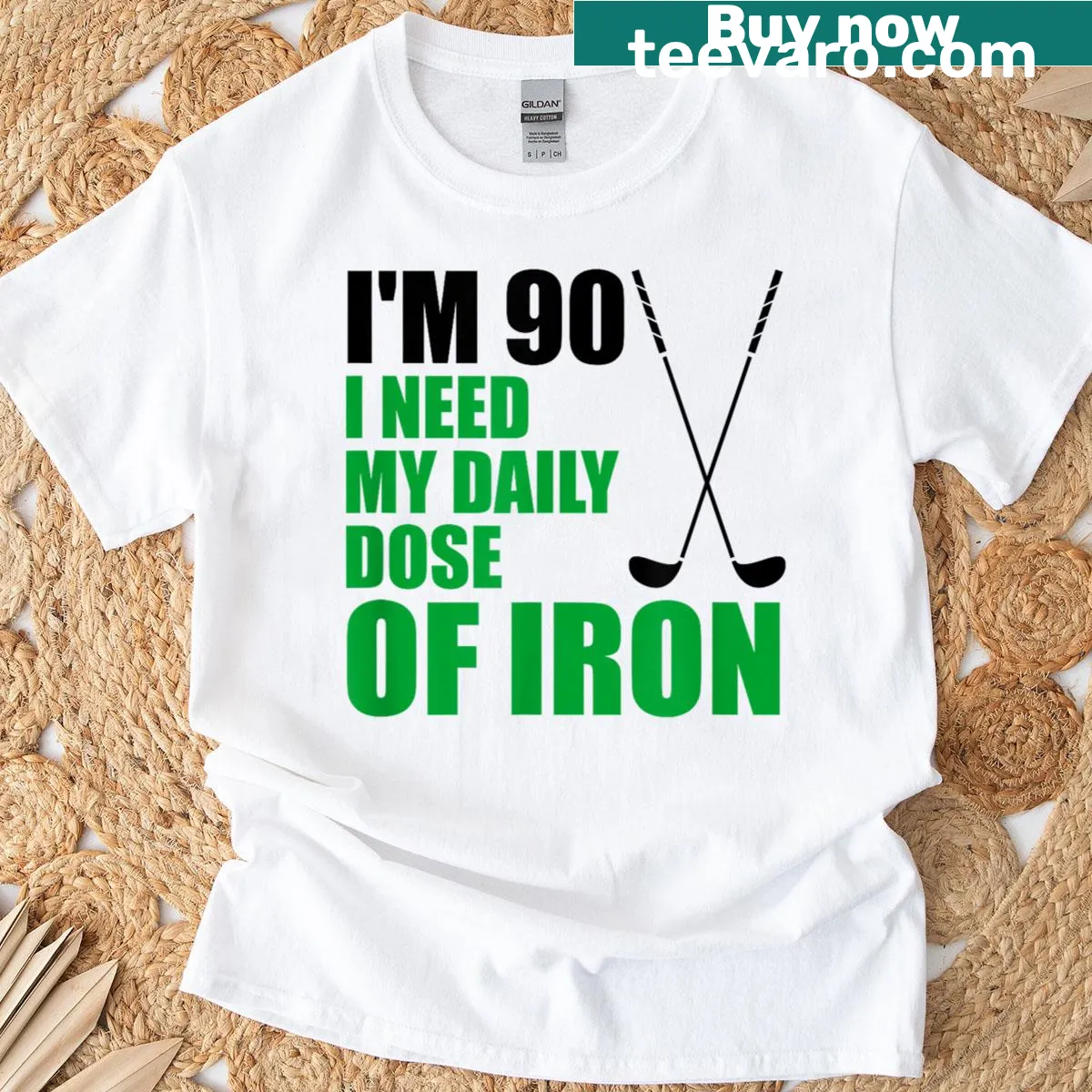 Funny golfer t-shirt with I need my daily dose of iron — on a men's t-shirt