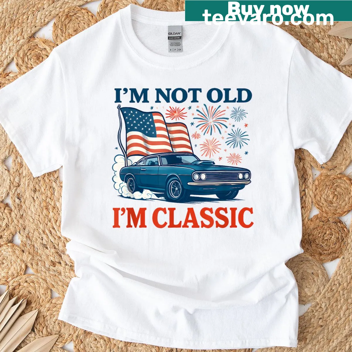 Vintage-themed shirt stating 'I'm Not Old, I'm Vintage' with car design — on a men's t-shirt