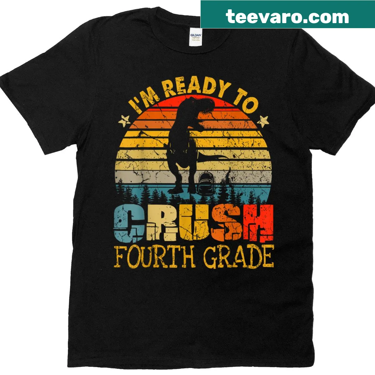 Text design 'I'm Ready To Crush Fourth Grade' with dinosaur illustration on a t-shirt — on a men's t-shirt