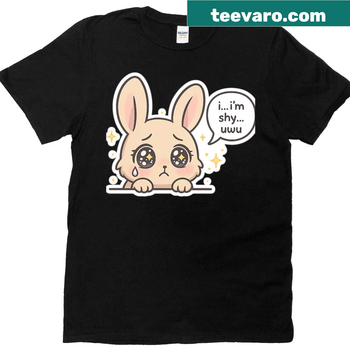 Cute t-shirt featuring a shy kawaii bunny and text — on a men's t-shirt