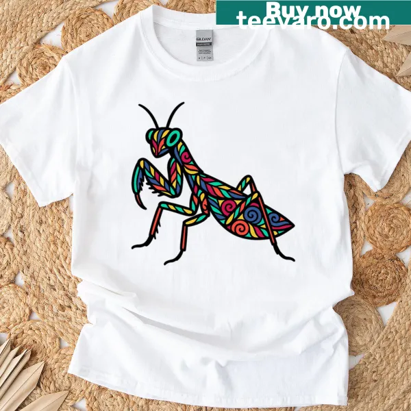Illustrated mantis graphic on a t-shirt