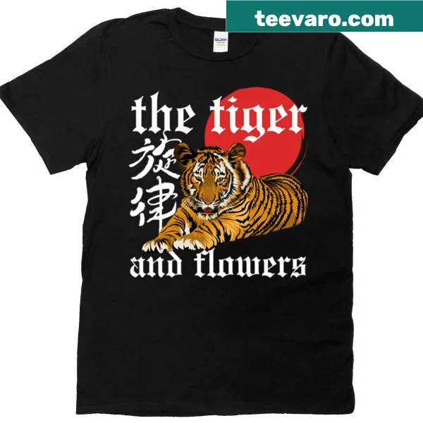 Japanese Tiger graphic T-shirt featuring red sun and calligraphy