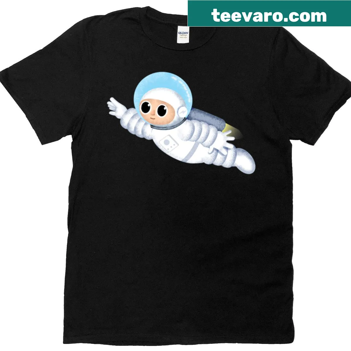 Oversized T-shirt featuring a whimsical jetpack astronaut design. — on a men's t-shirt