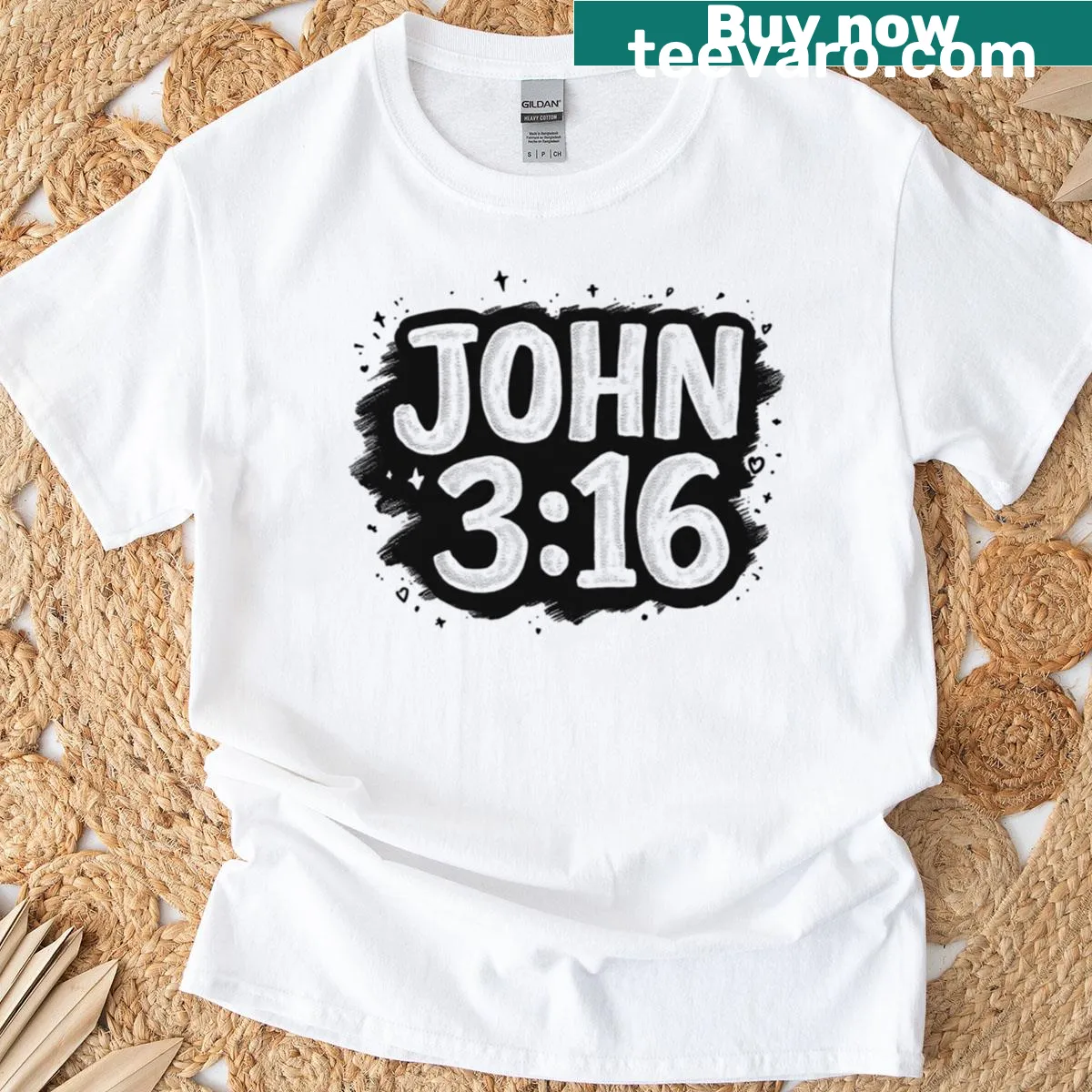 Biblical verse John 316 in a typographic design on a t-shirt — on a men's t-shirt