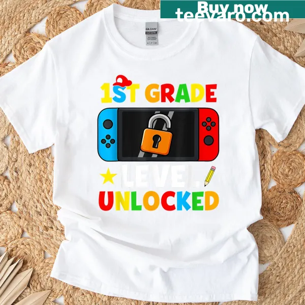 Kids T-shirt with 'Level Unlocked' gaming graphic for first graders