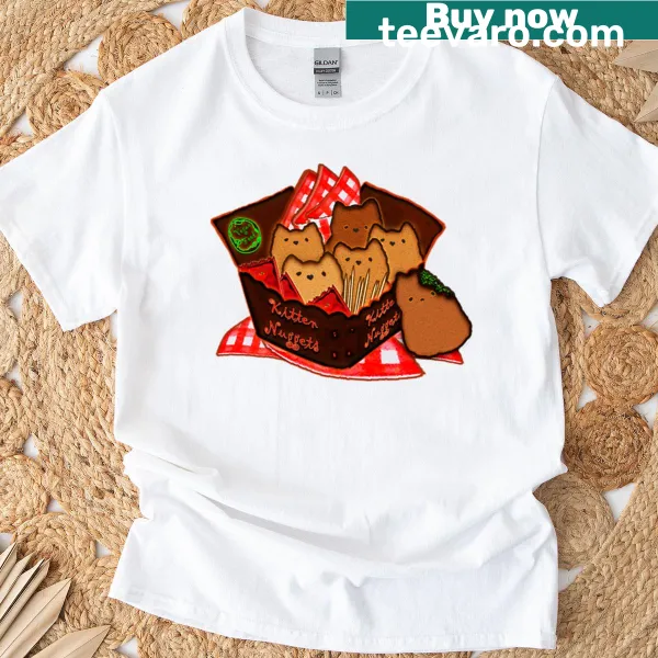 Whimsical T-shirt with kitten nuggets illustration promoting vegan food
