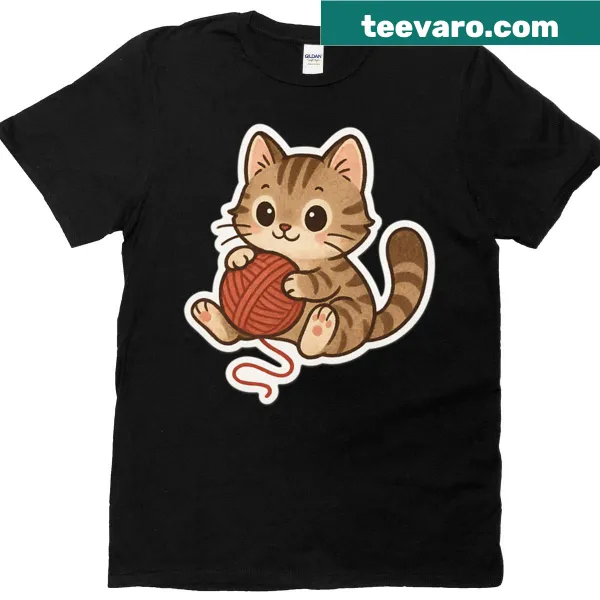 Illustration of a kitten playing with a ball of wool on a T-shirt