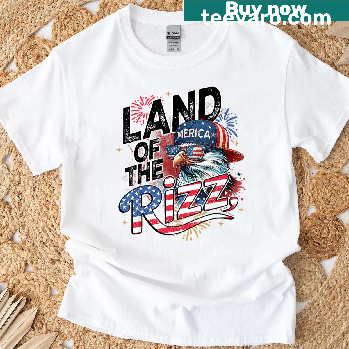 Funny Fourth of July T-shirt with eagle and 'Land Of The Rizz' text — on a men's t-shirt