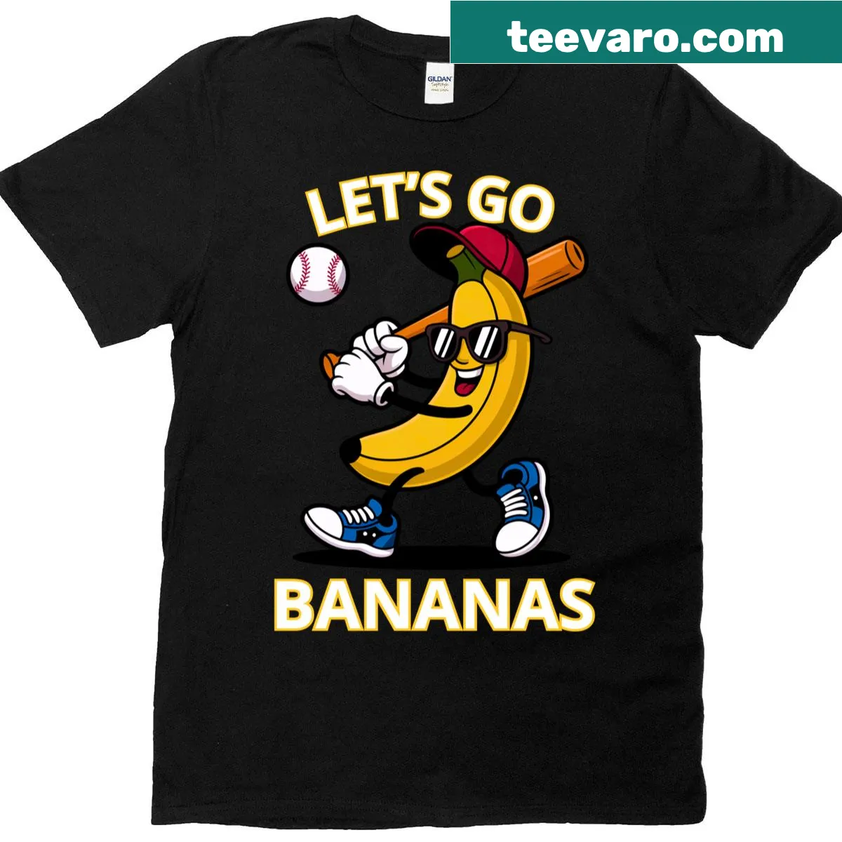 Funny t-shirt featuring a cartoon banana and text 'Lets Go Bananas' — on a men's t-shirt