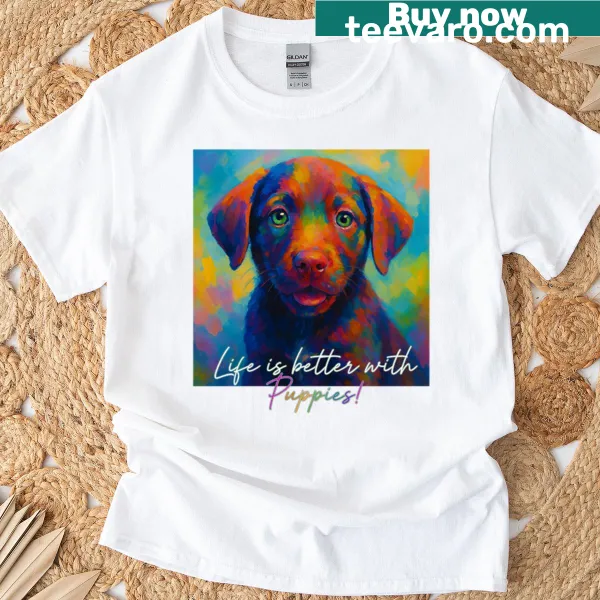 Illustrated T-shirt featuring playful puppy-themed graphics